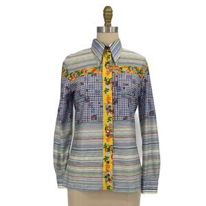 Vintage 70s Loubella Extendables Nylon Striped Button-Up Shirt XS/S Disco/Scandi